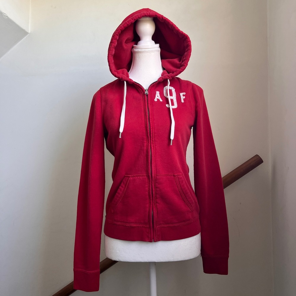 Vintage Y2K Abercrombie & Fitch Hoodie Red Zip Up Sweatshirt Logo Preppy Small
